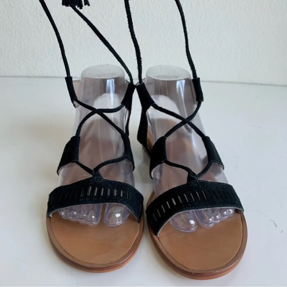 Caslon tassel Sandals, black suede, long laces that‎ cross cross around leg. 6.5